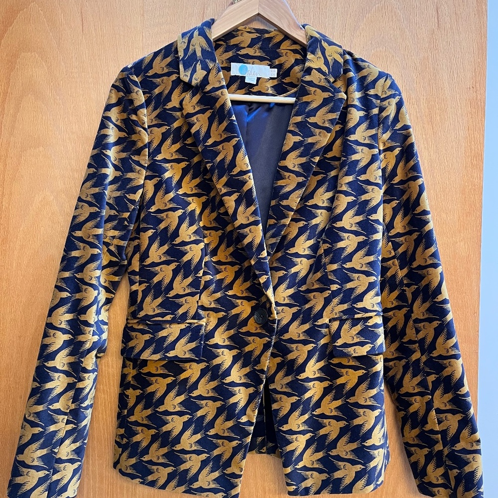 Boden Velvet bird print suit, size 2-4